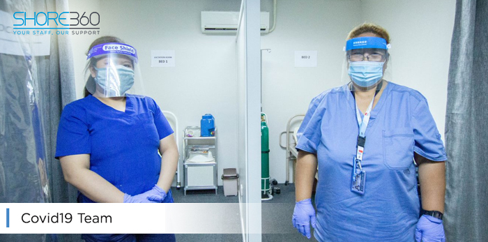 The Anti-Covid19 team of Shore360, Inc. poses for a photo, two nurses fully-equipped to support the offshore teams of its clients.