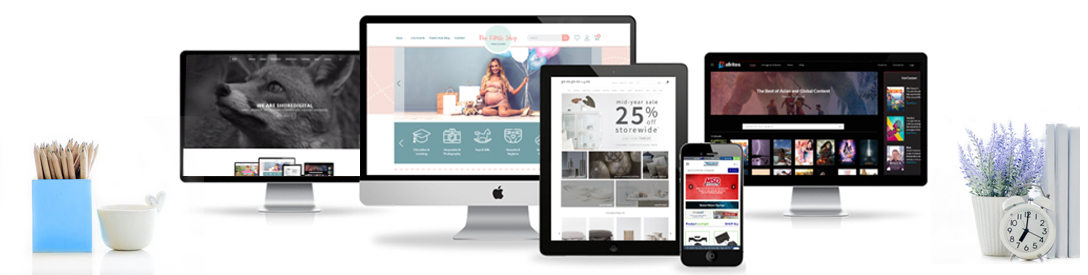 One of the agency services of Shore360, Inc. is website design. The photo has computers, tablets, and phones loaded on the screens.