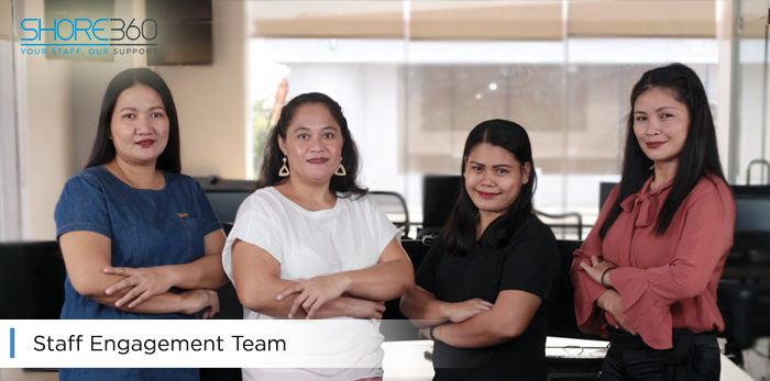 A photo of the Staff Engagement Team of Shore360, Inc. smiling and confident to engage offshore staff.