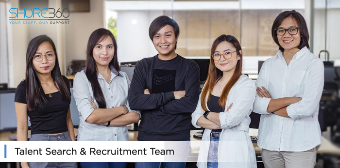 A team photo of Shore360's Talent Search and Recruitment Team smiling and ready to help clients find the right offshore staff for them.