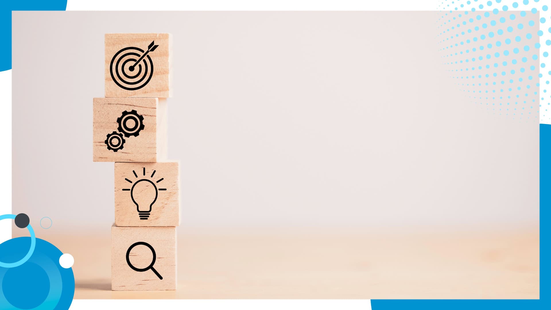 Four wooden blocks stacked vertically, featuring icons of a target, gears, a lightbulb, and a magnifying glass, symbolizing strategy, processes, ideas, and research.