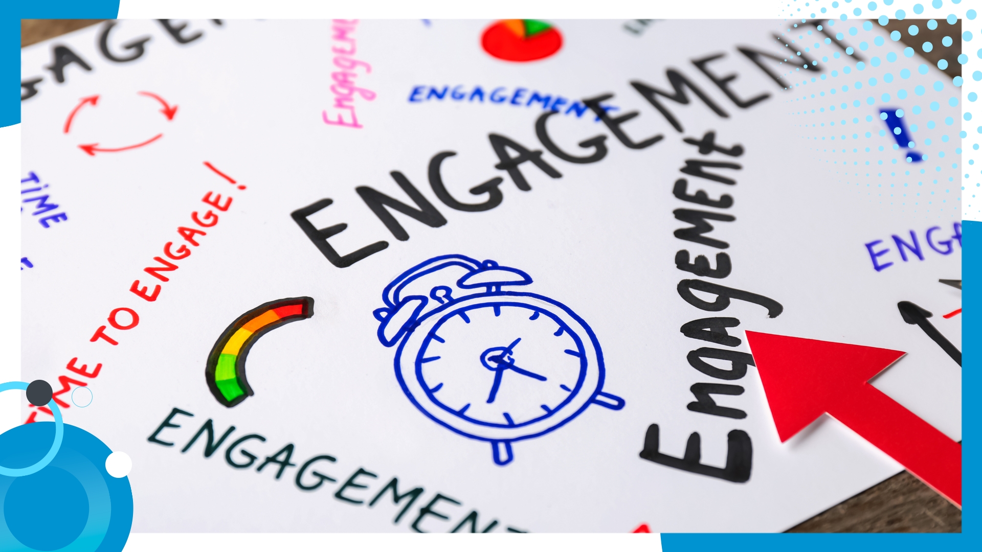 A creative doodle-style illustration with the word 'Engagement' highlighted, surrounded by colorful sketches of a clock, arrows, and engagement-related phrases.