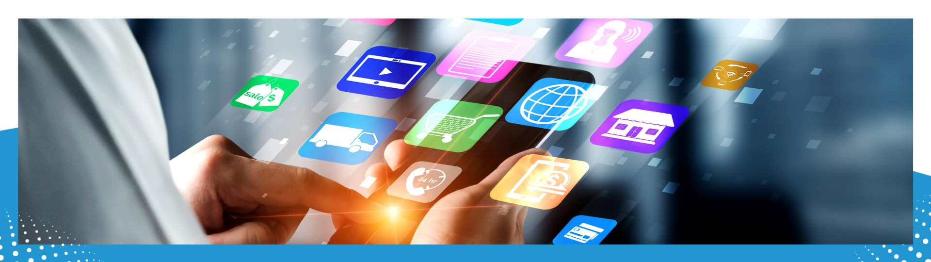 A close-up of a hand interacting with a smartphone, surrounded by colorful digital icons representing various online applications and services.