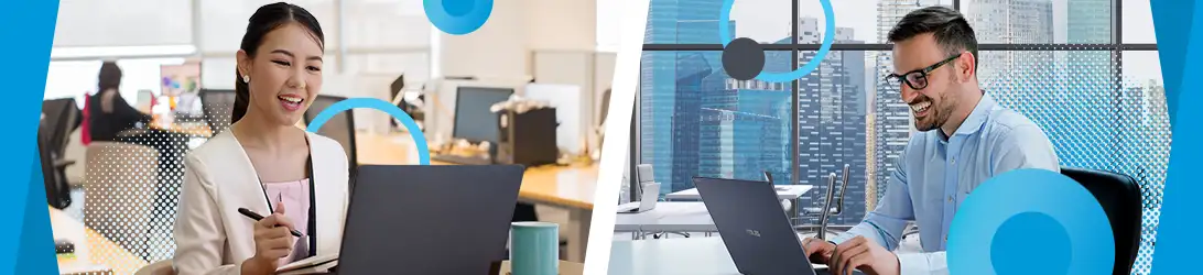 Split image of two professionals collaborating remotely: a smiling woman in an office environment on the left, and a man with glasses working in a modern cityscape office on the right.