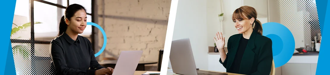 Two professionals engaged in a virtual meeting, with one working in a minimalist office space and the other waving during a video call in a bright, modern home office setting.