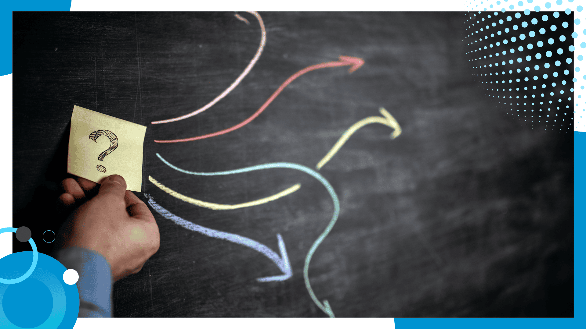 A hand holding a sticky note with a question mark in front of a chalkboard displaying colorful arrows diverging in multiple directions, symbolizing decision-making and problem-solving.