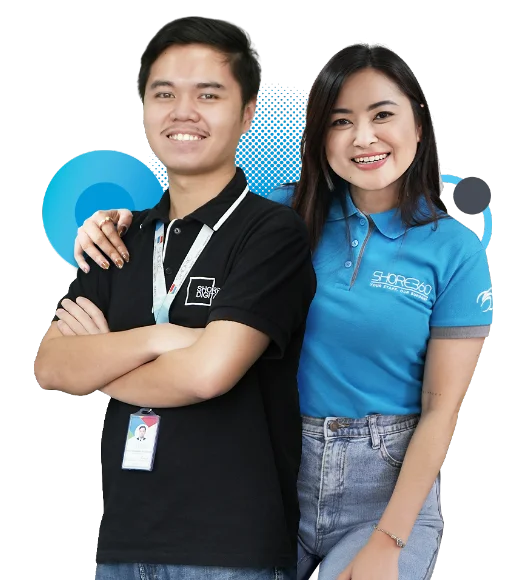 Two smiling Shore360 team members standing confidently, wearing branded uniforms, symbolizing teamwork and professionalism.