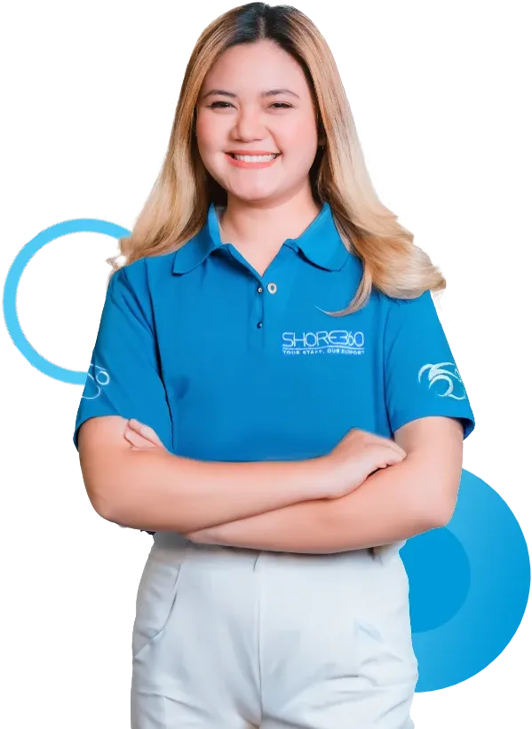 Smiling Shore360 employee wearing a branded blue polo shirt, standing confidently with arms crossed against a transparent background with modern blue graphic accents.