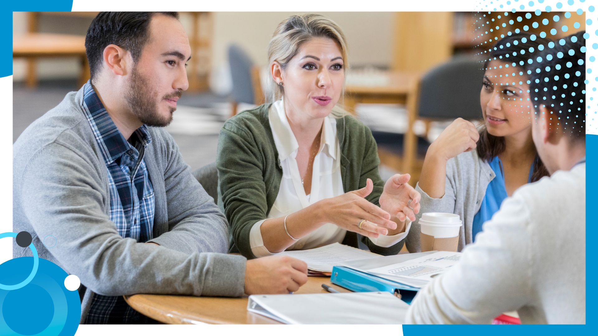 Diverse team engaged in a collaborative discussion, reviewing documents and sharing insights.