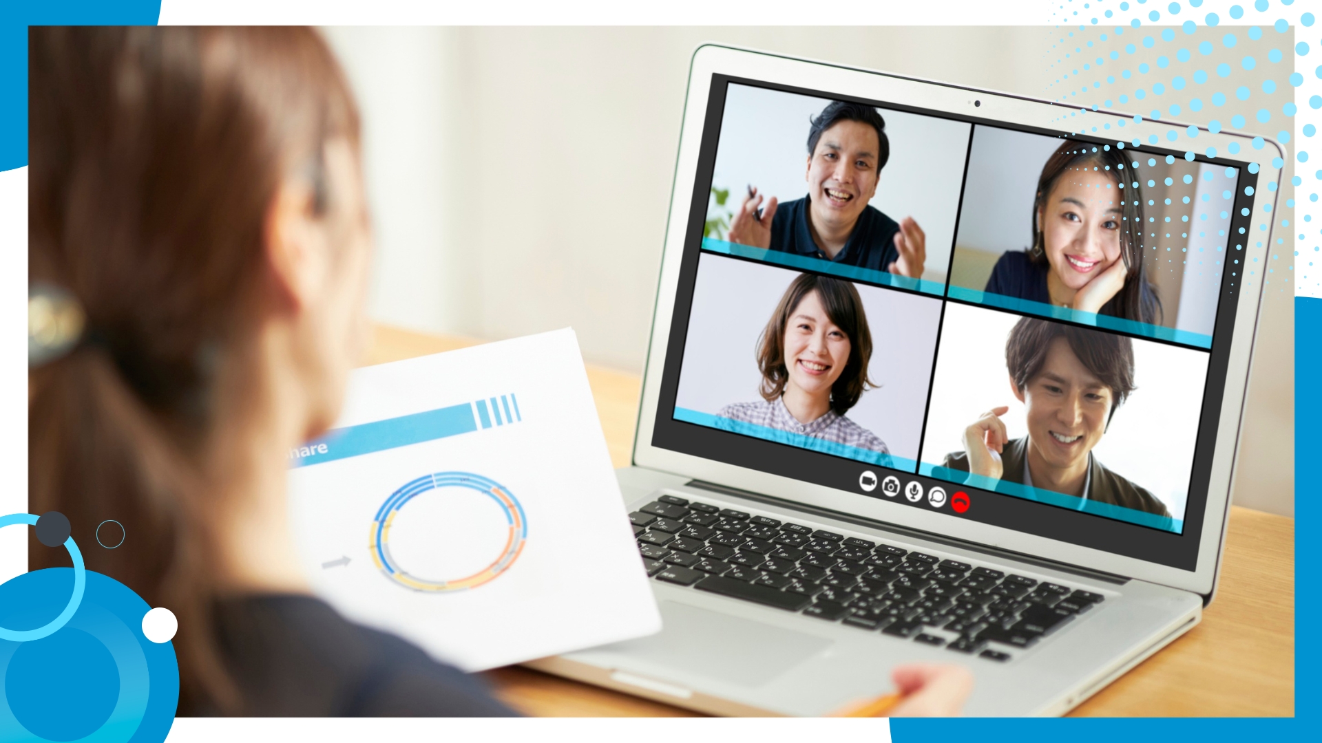 A woman participating in a virtual team meeting, engaging with remote colleagues on a video call.