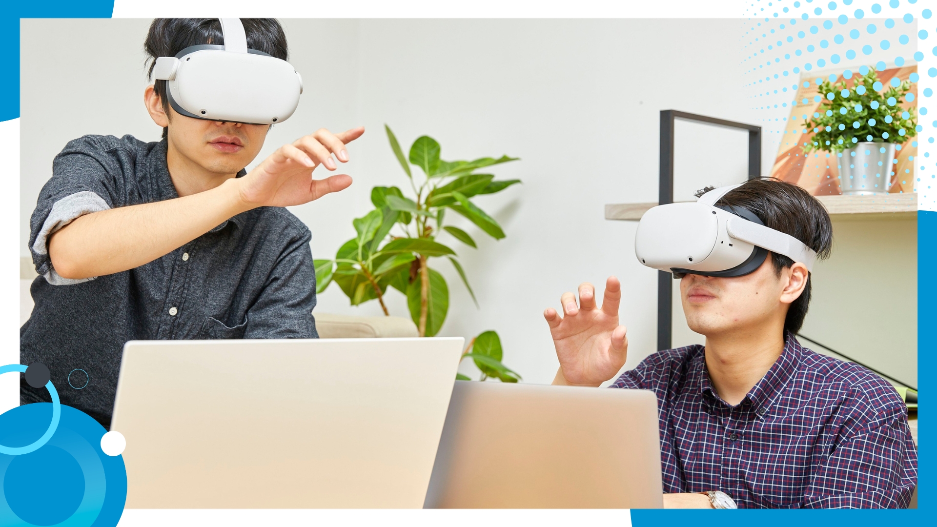Two professionals using virtual reality headsets for an immersive team-building experience.