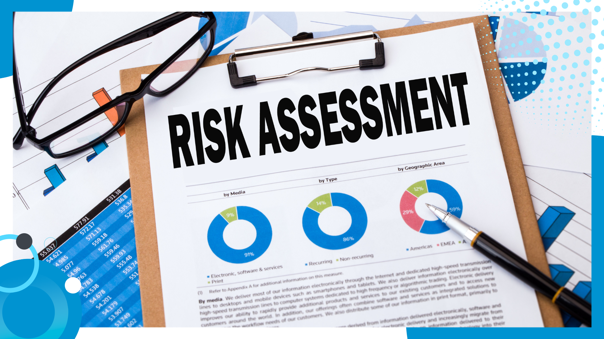 Risk assessment document with colorful pie charts on a clipboard, alongside glasses and business reports
