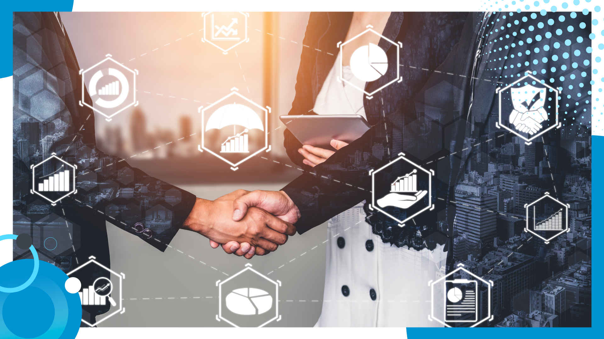 Two business professionals shaking hands with data analytics and risk management icons overlaid
