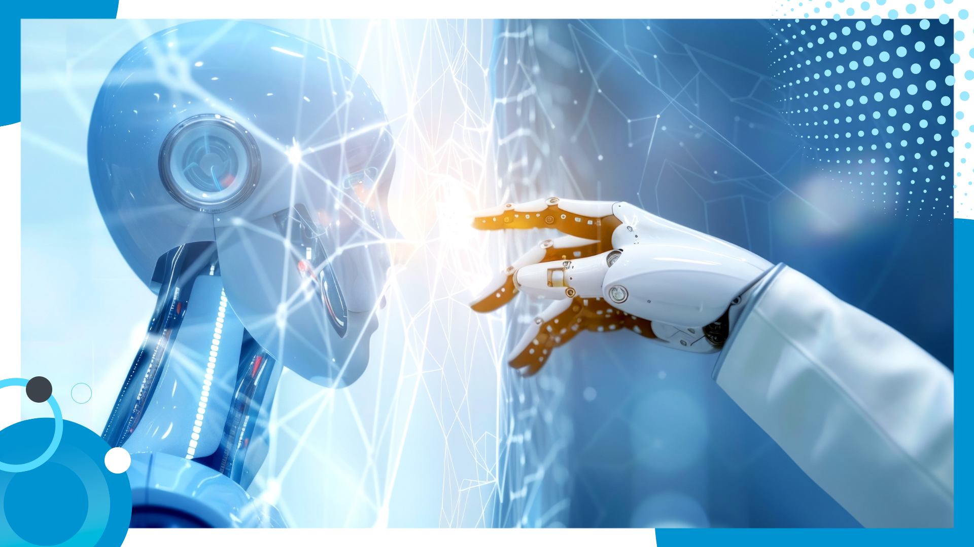 Two robotic hands—one humanoid and one mechanical—reaching toward each other through a digital interface with glowing network connections.