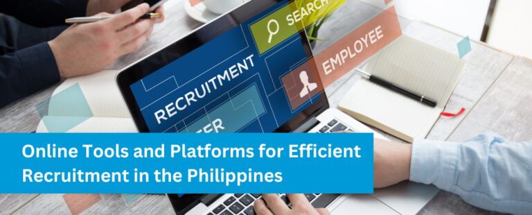 Two people working on a laptop displaying the words 'Recruitment,' 'Search,' and 'Employee,' symbolising online hiring platforms for recruitment in the Philippines.