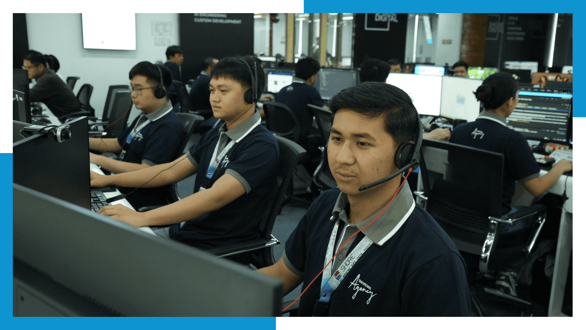 Shore360 team members working in an outsourcing operations hub, providing professional offshore support services with headsets and computer workstations.