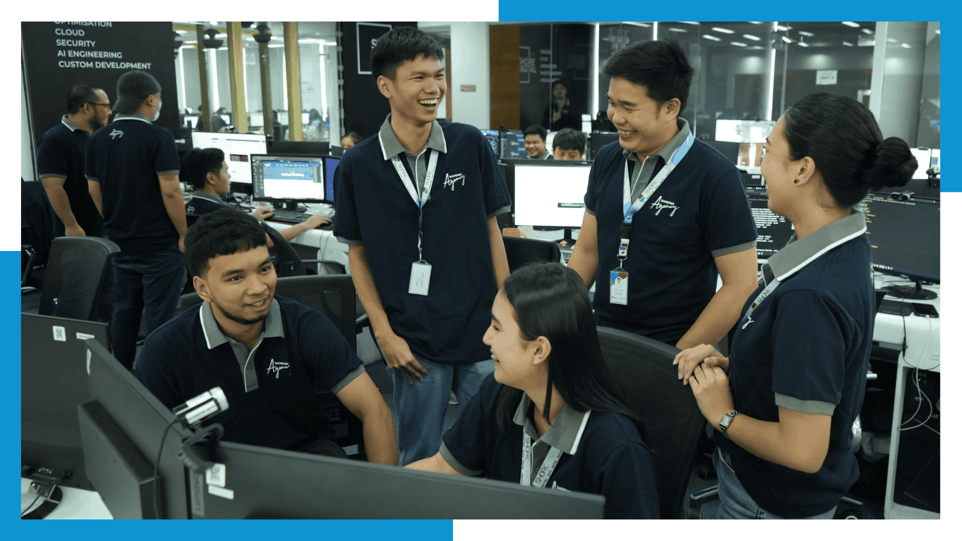 Shore360 offshore team sharing ideas and enjoying collaboration in a dynamic outsourcing workplace.