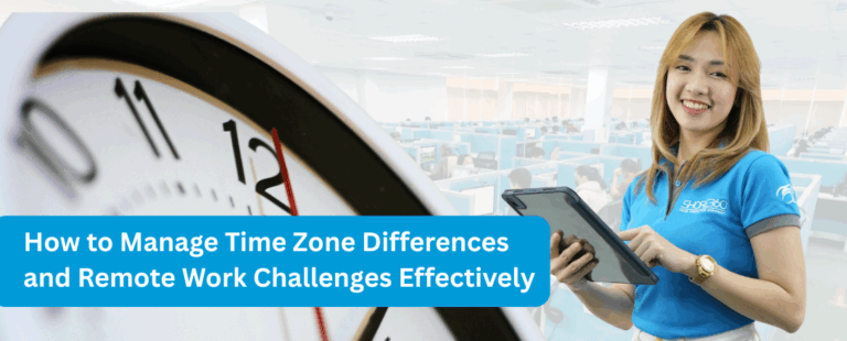 Shore360 employee with tablet showing strategies to manage time zone differences in global outsourcing.