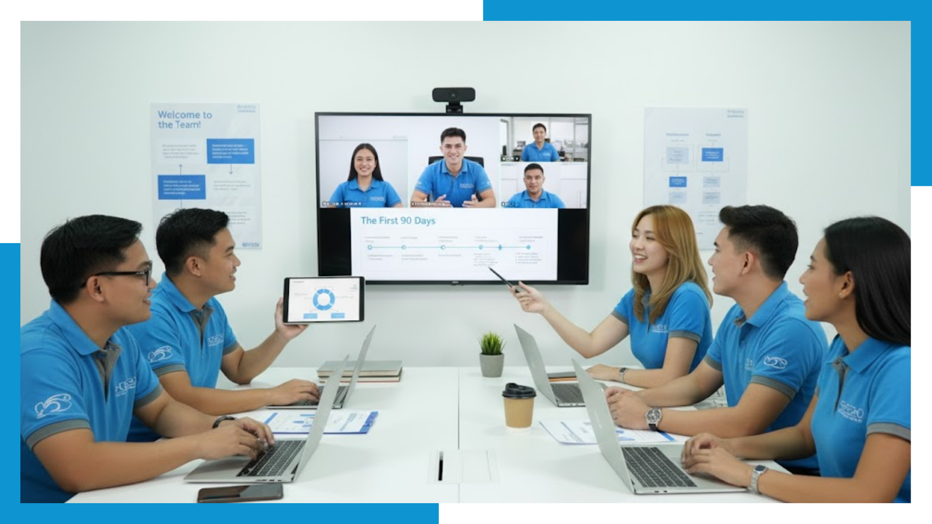 Offshore accounting team conducting a hybrid meeting with remote staff on video call